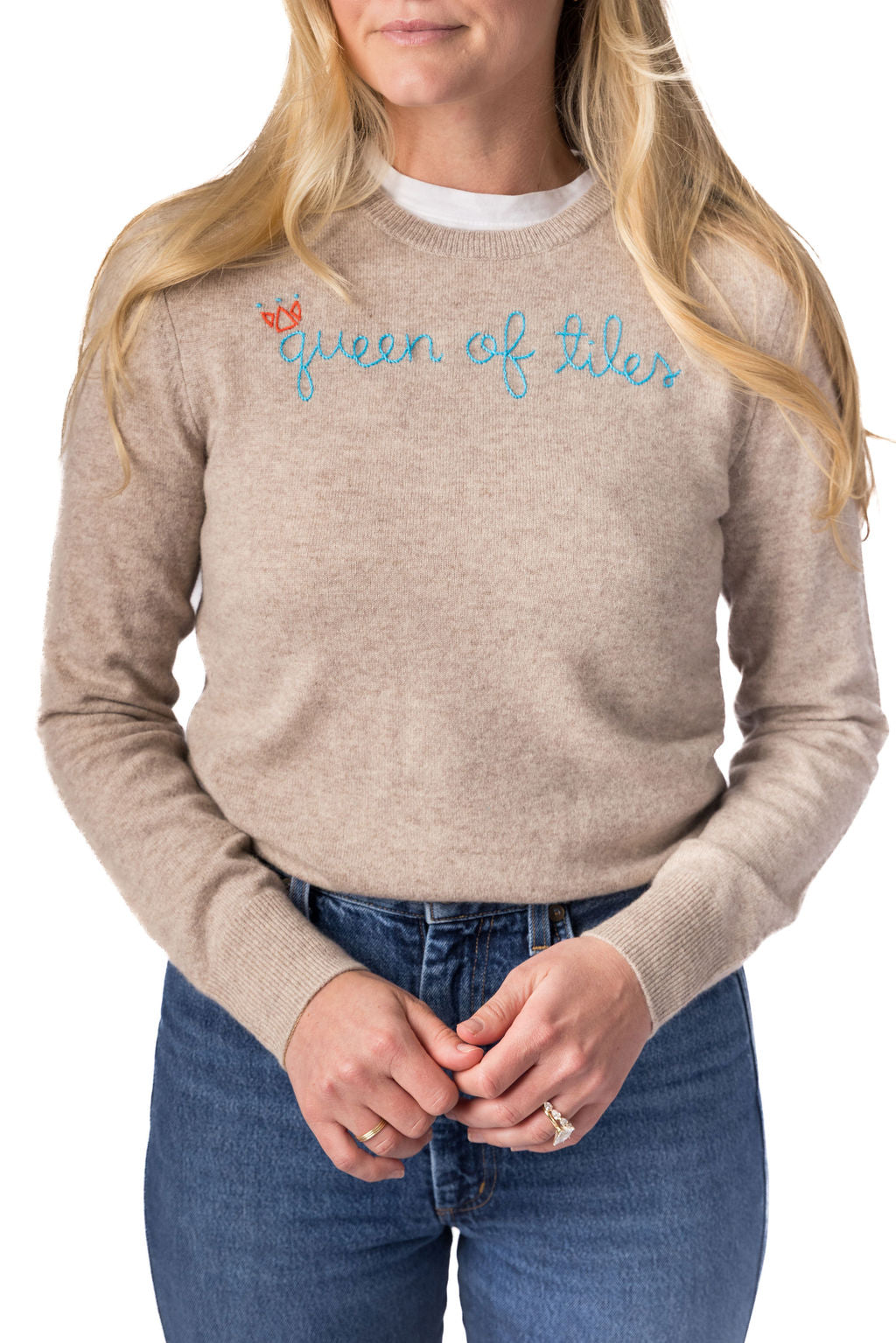 TML x Lingua Franca Oatmeal Cashmere Crewneck - Queen of Tiles