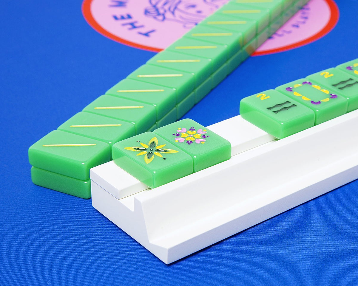 Custom white wooden mahjong rack and pusher made for our custom mahjong tiles.