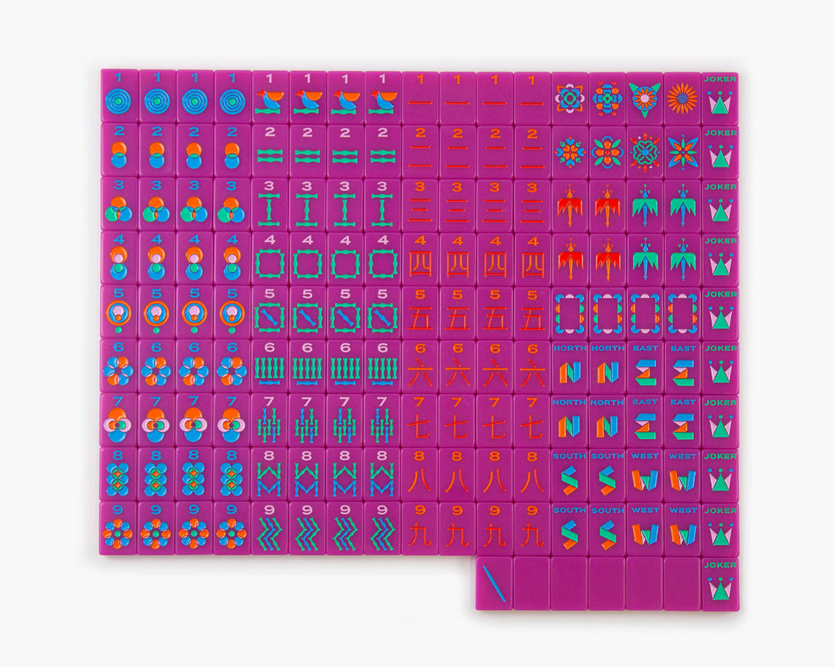 The Minimal Line Neon Purple 2.0 colorway featuring the full American Mahjong Tiles including blanks, jokers, dragons, flowers, dots, bams and cracks.