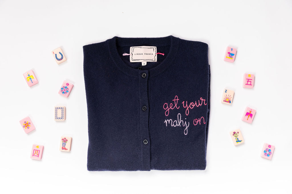 TML x Lingua Franca Navy Classic Cashmere Cardigan - Get Your Mahj On