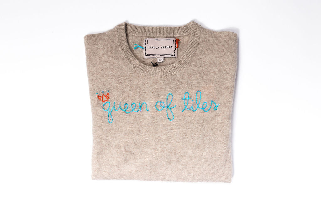 TML x Lingua Franca Oatmeal Cashmere Crewneck - Queen of Tiles