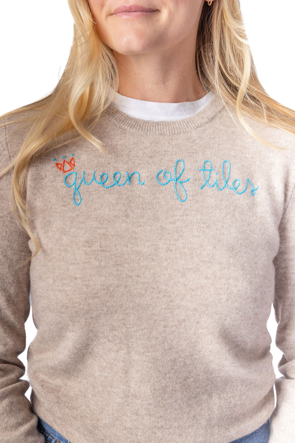 TML x Lingua Franca Oatmeal Cashmere Crewneck - Queen of Tiles