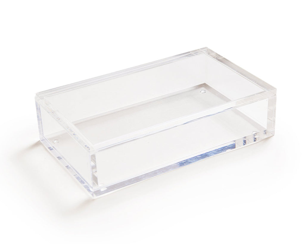 A clear acrylic display box with a removable lid. The acrylic box stores The Mahjong Line mahjong tile set.