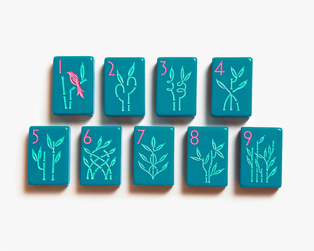American Mahjong Tile Set to play the game of mahjong. Custom mahjong bams tiles is from the botanical line featured in a deep teal.