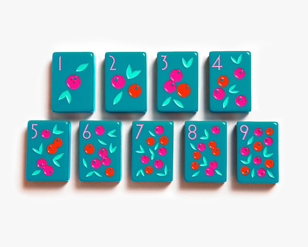 American Mahjong Tile Set to play the game of mahjong. Custom mahjong dot tiles is from the botanical line featured in a deep teal.