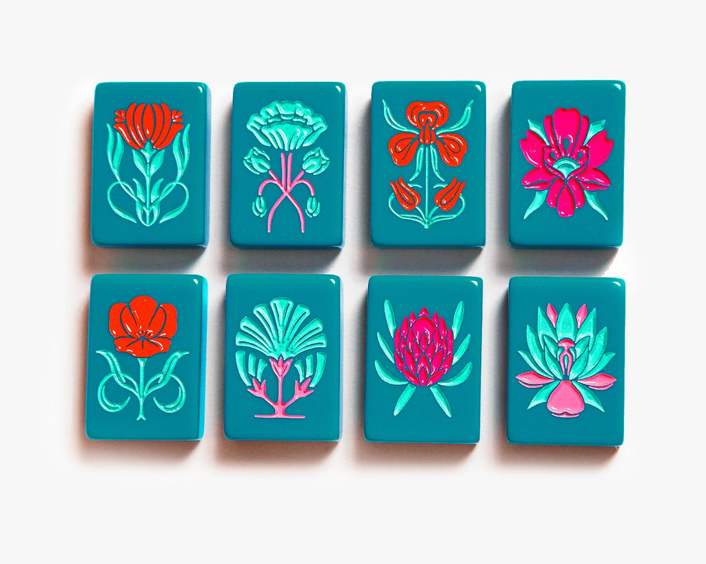 American Mahjong Tile Set to play the game of mahjong. Custom mahjong flowers tiles is from the botanical line featured in a deep teal.