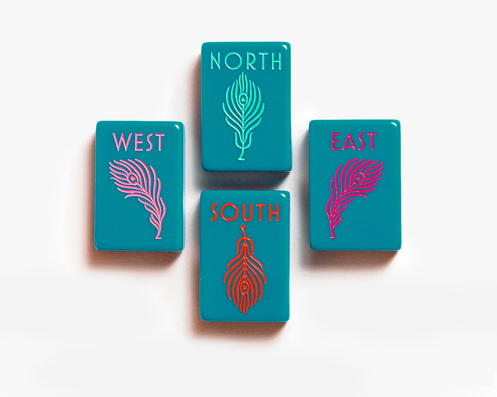 American Mahjong Tile Set to play the game of mahjong. Custom mahjong winds tiles is from the botanical line featured in a deep teal.
