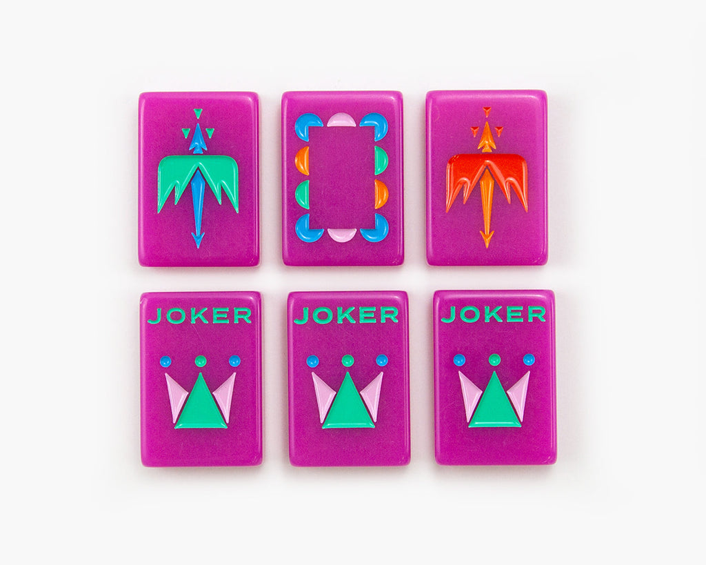 The Minimal Line Neon Purple color way featuring the dragons and jokers in an American Mahjong Tiles. 