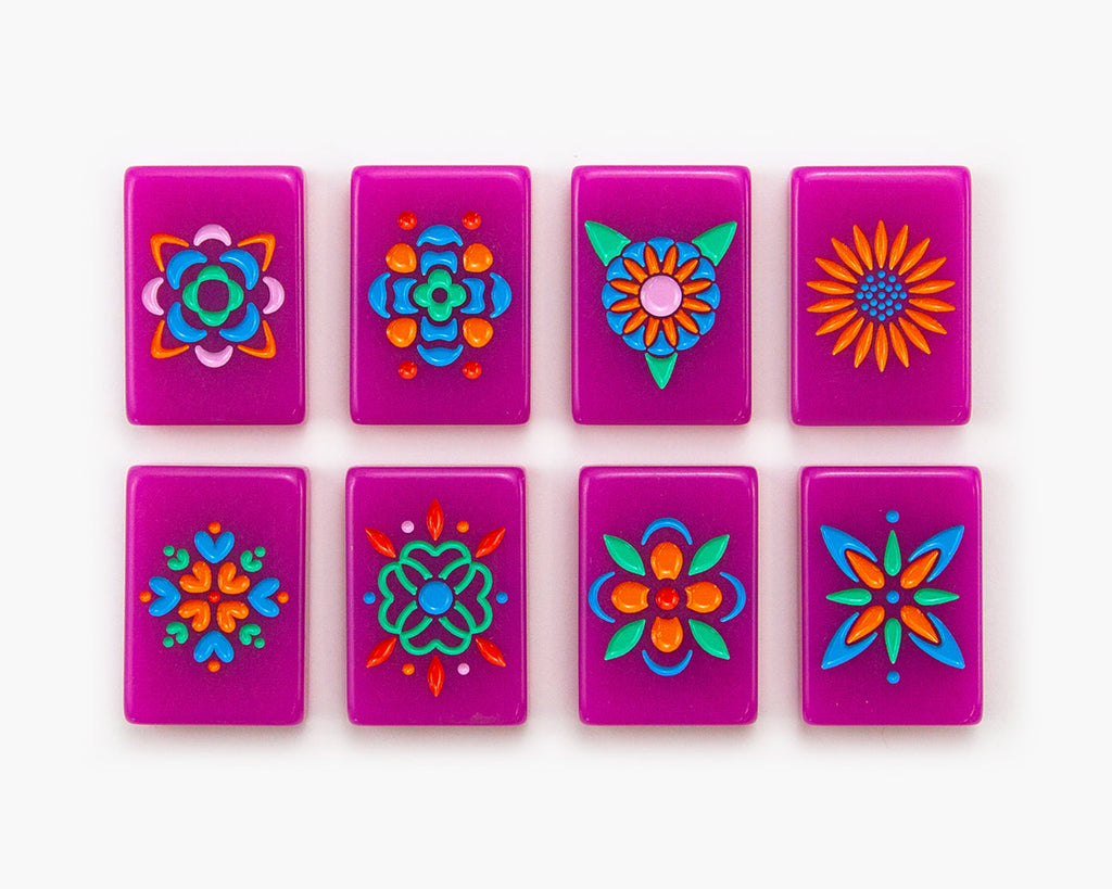 The Minimal Line Neon Purple color way featuring the flowers in an American Mahjong Tiles. 